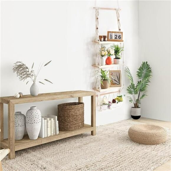 Macrame Wall Hanging Shelf 3 Tier Wood Boho Floating Shelf with Hooks Rack - Picture 4 of 7